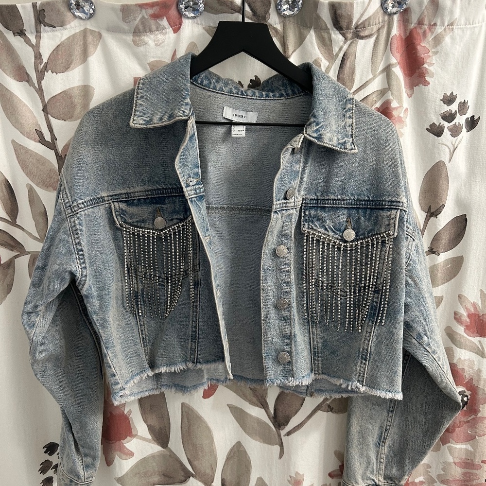Forever 21 Boxy Cropped Denim Jacket with Bedazzled Fringe